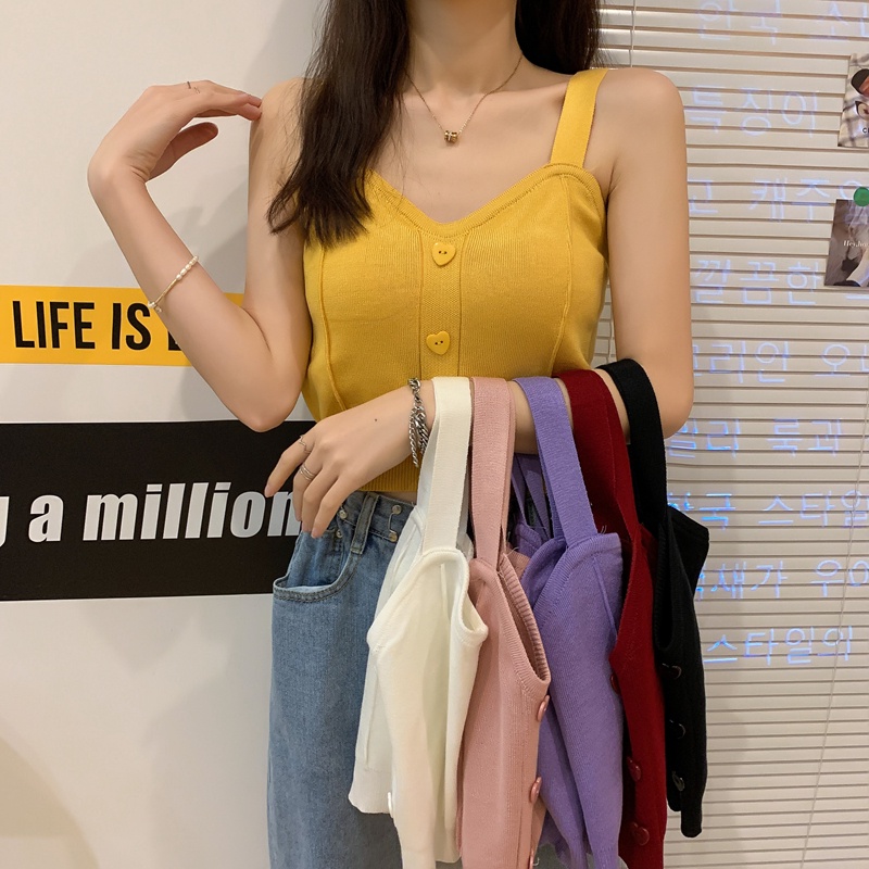 Áo Hai Dây Dệt Kim Màu Trơn Cài Nút Trước Hình Trái Tim Gợi Cảm Thời Trang Phong Cách Hàn Quốc Cho Nữ