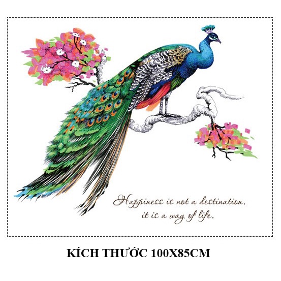Tranh dán tường 3D hình chim công hạnh phúc KT 100x85cm, DECAL trang trí siêu rẻ