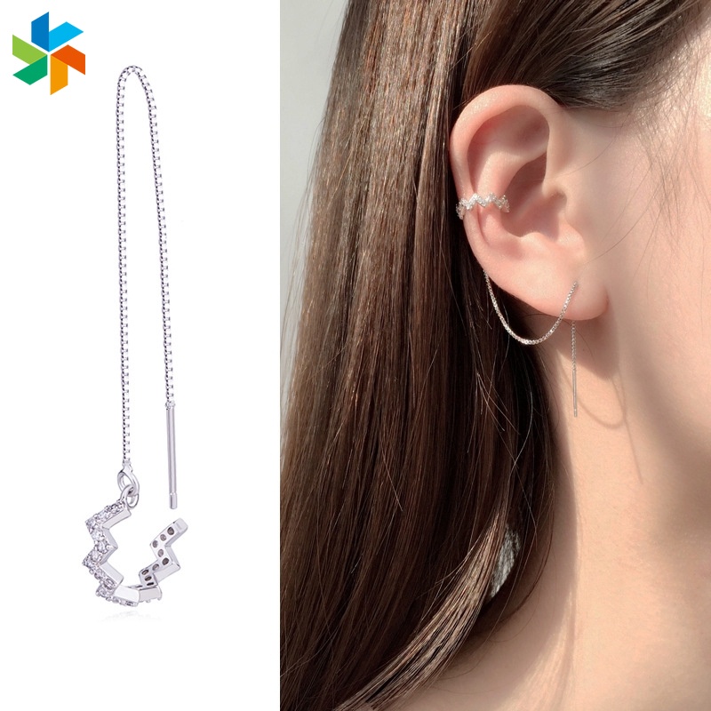 Bông tai dạng kẹp dây xích dài đính đá kim cương thời trang Hàn Quốc cho nữ JP6