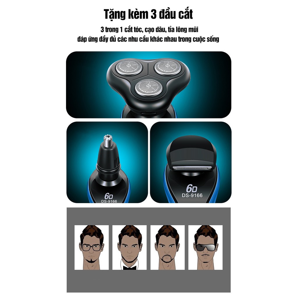 Máy Cạo Râu Đa Năng 3 Trong 1 6D Shaver DS-9166 - Lưỡi Cắt Sắc Bén - Chuẩn Xác - Siêu Mỏng - Sát Chân