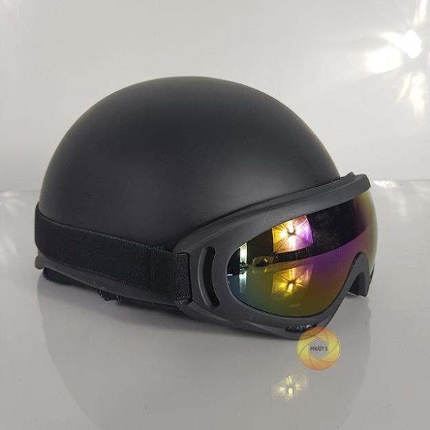 Mũ bảo hiểm 1/2 đầu màu đen, lồng ép nhiệt - kèm kính UV màu bất kì, kinh phi công- ASA HELMETS