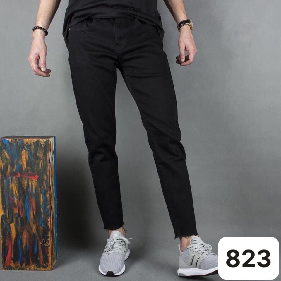 Quần Jean Nam Lb, Vải Jean Denim Co Giãn, Màu ĐenTrơn Lai Tua , Phom Skinny, Chiều Dài Quần 92cm