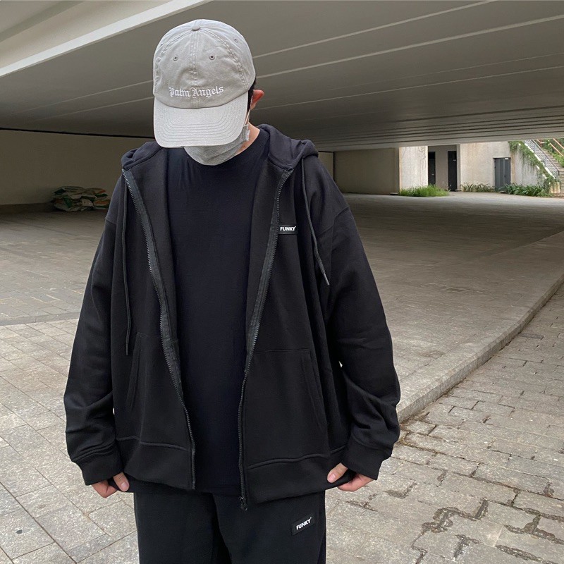 ÁO KHOÁC HOODIE ZIP NAM NỮ UNISEX CÓ MŨ RỘNG MÀU ĐEN FUNKY | BigBuy360 - bigbuy360.vn