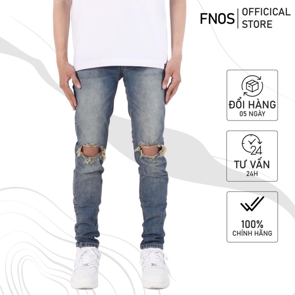 Quần jean nam streetwear cao cấp FNOS NZ11 màu xanh kèm dây rách gối form slimfit jean co giãn ! '