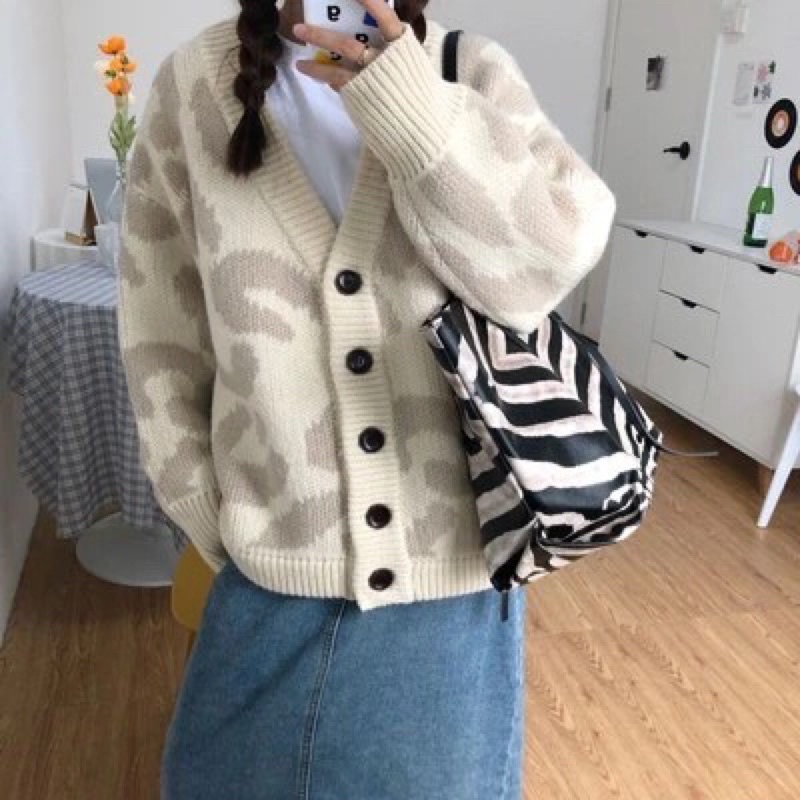 Khoác Len Cardigan | Áo Cardigan cổ V hoạt tiết da báo mềm mịn dày dặn cho nàng
