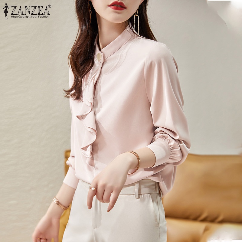 Zanzea Áo Tay Phồng Cổ Đứng Phong Cách Hàn Quốc Thanh Lịch Dành Cho Nữ