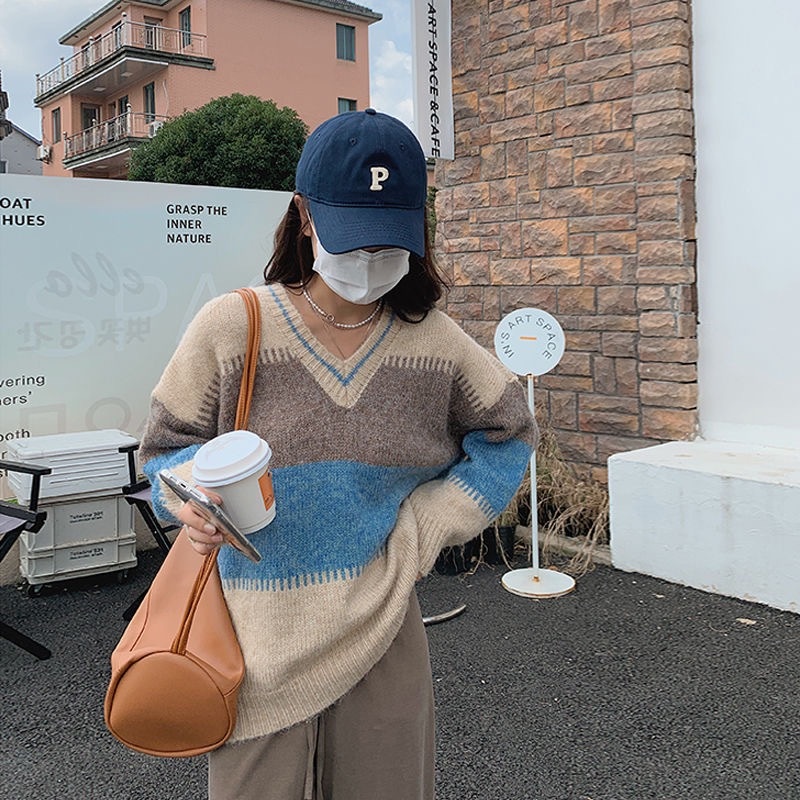 MỚI Áo len sọc ngang cổ chữ V thời trang nữ áo sweater nữ