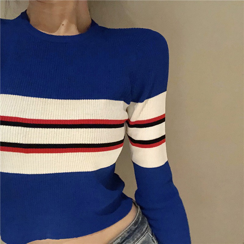 Áo Croptop dệt kim hoạ tiết kẻ sọc phong cách vintage