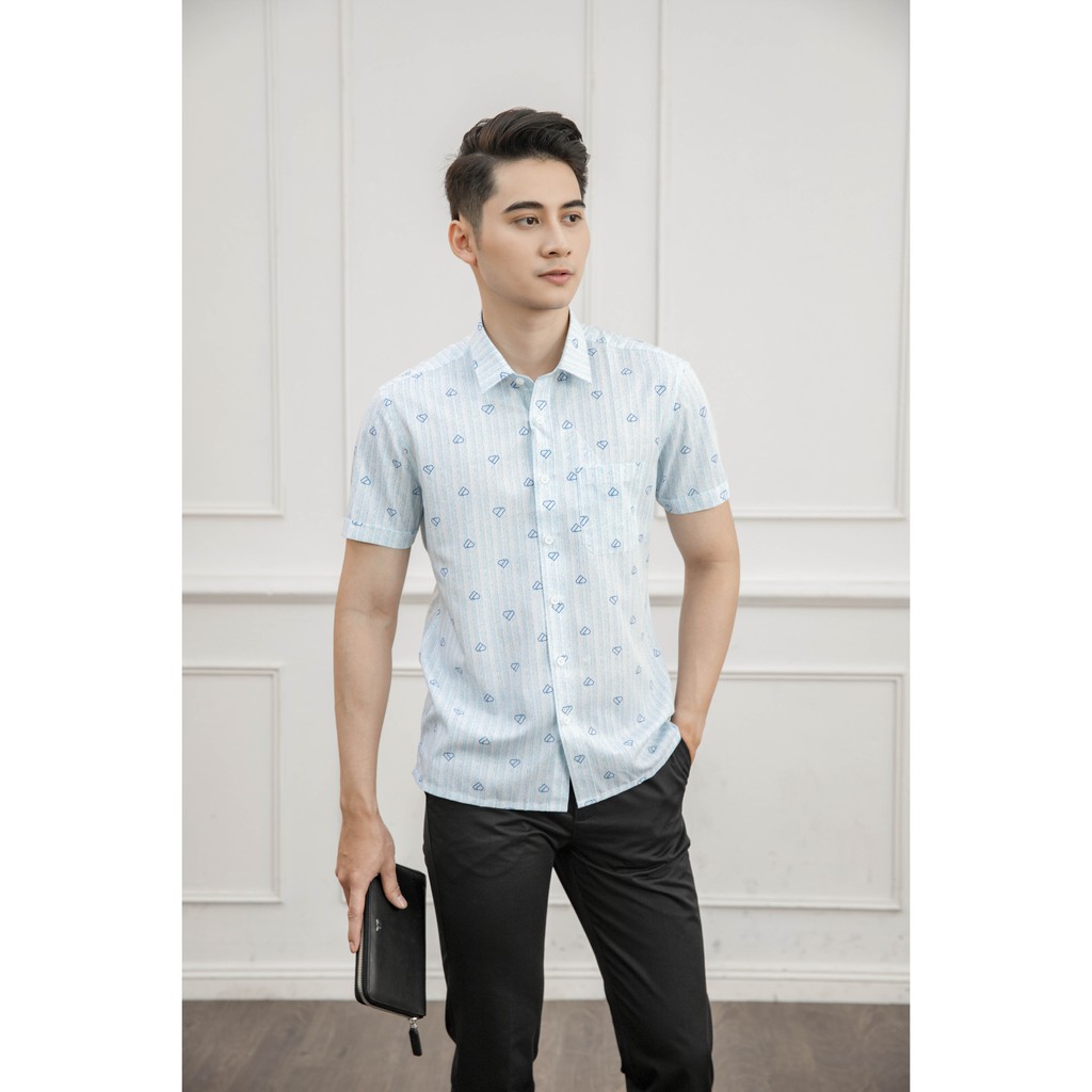 Áo sơ mi ngắn tay Aristino dáng suông, họa tiết xanh trẻ trung, lịch sự - ASS006S1