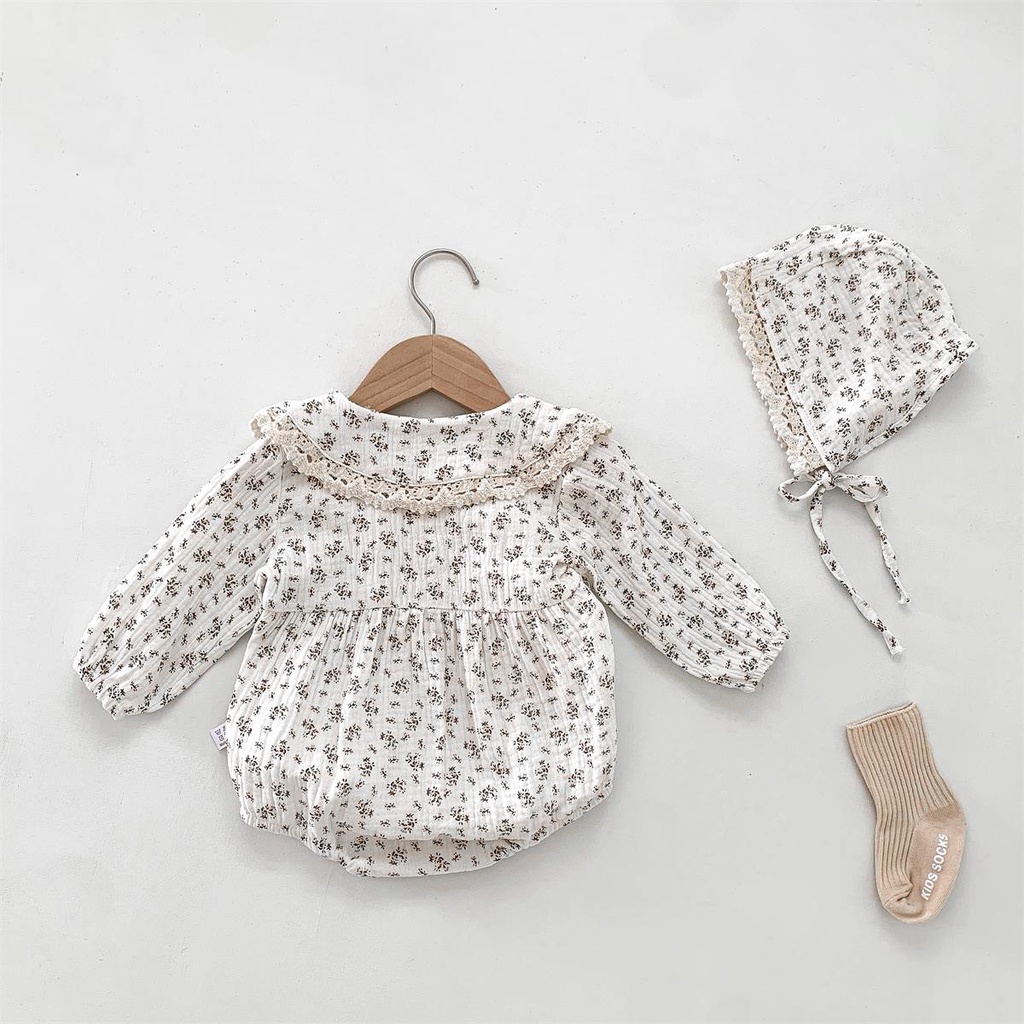 Bộ Áo Liền Quần Tay Dài Cổ Búp Bê + Mũ Vải Cotton In Hoa Xinh Xắn Cho Bé Gái Từ 0-2 Tuổi