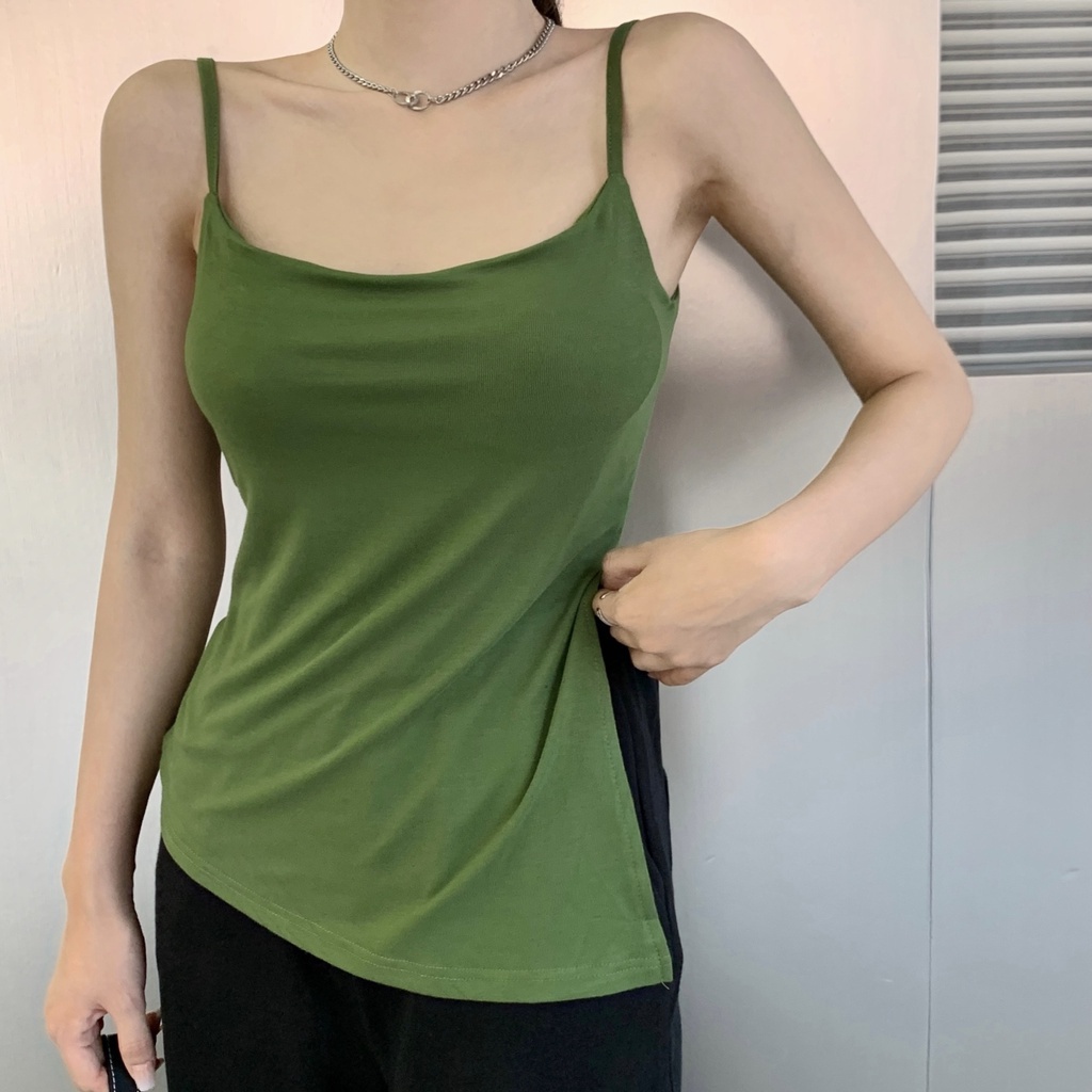 ihkke Áo hai dây màu trơn phối xẻ tà gợi cảm cho phái nữ
