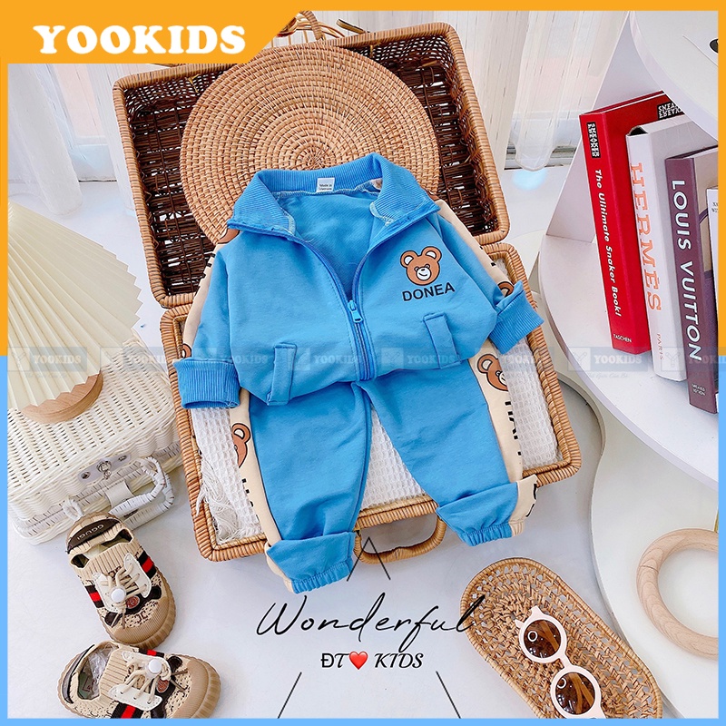 Bộ thu đông cho bé YOOKIDS khóa kéo chất da cá mềm ấm in hình gấu siêu xinh, Quần áo thu đông cho bé  1 2 3 4 tuổi