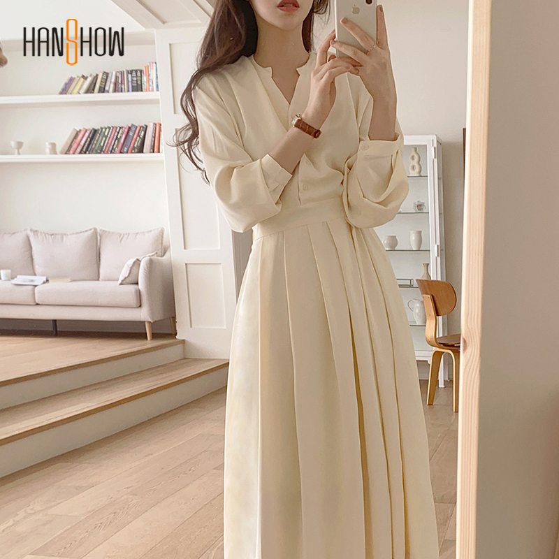 Đầm Voan Xếp Ly Cổ V Dài Tay Phong Cách Vintage Thanh Lịch Cho Nữ