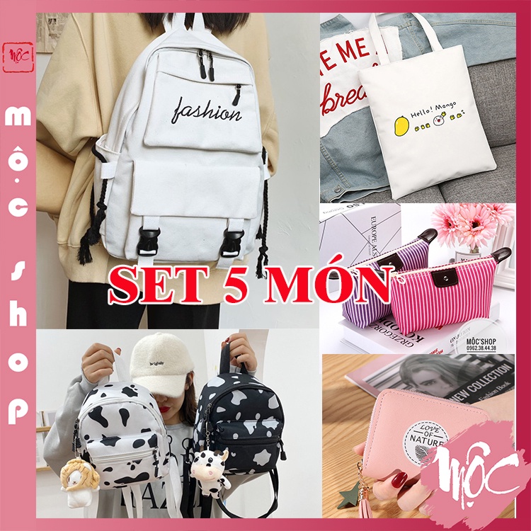 [Mua 1 được 5] Set 5 món balo thời trang, balo mini bò sữa, túi tote, túi tiện ích và ví cầm tay