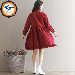 ĐẦM Linen Babydoll ĐỎ ĐÔ CỔ NƠ