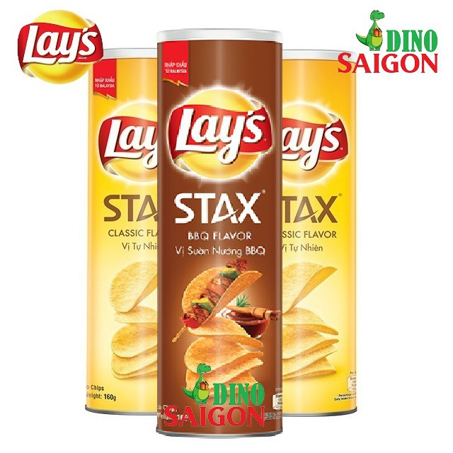 Combo 3 Hộp Bánh Snack Khoai Tây Lay's Stax Malaysia 160g gồm 2 vị Tự nhiên và 1 vị Sườn BBQ