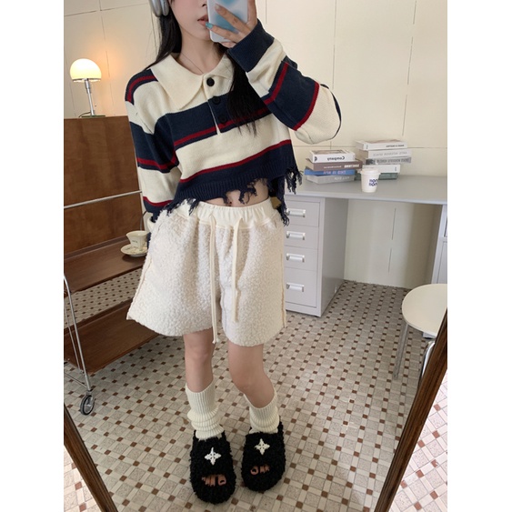 HUANG YOYO  Áo sweater Cổ polo Tay Dài Họa Tiết Kẻ Sọc Màu Tương Phản Thời Trang Hàn Quốc Cho Nữ
