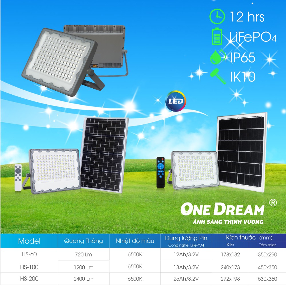 Đèn pha led năng lượng mặt trời 60 - 100 - 200 . Đèn Led One Dream siêu sáng, tiết kiệm điện năng.