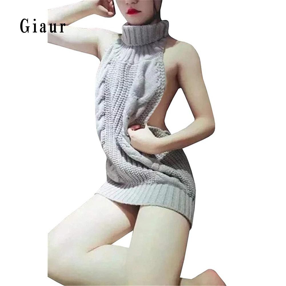 Promotion Women Sexy Backless Sleeveless Turtleneck Pullover Knit Sweater Cosplay Dress | BigBuy360 - bigbuy360.vn