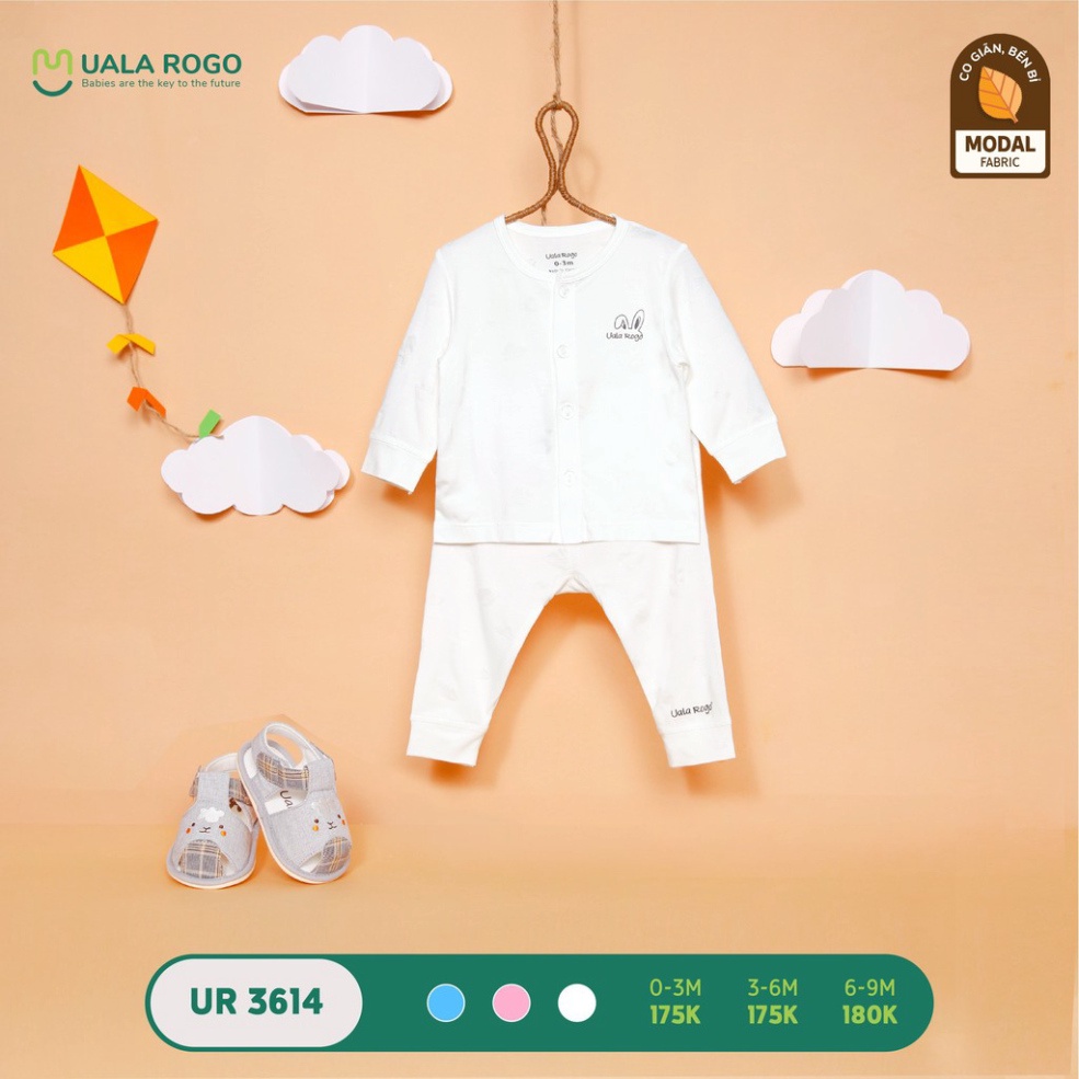 Bộ quần áo sơ sinh cài giữa Uala Rogo vân lá vải sợi sồi thoáng mát mã UR3614
