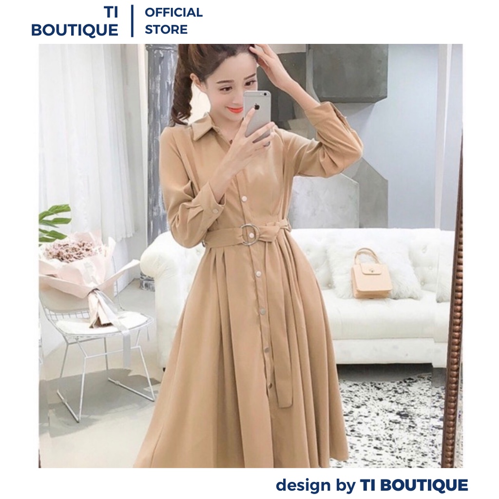 Đầm Công Sở Cổ Somi Tay Dài Thanh Lịch Đĩnh Đạc, Đầm Váy Nữ Dáng Dài Xòe Có Dây Thắt Eo Màu Nude Basic