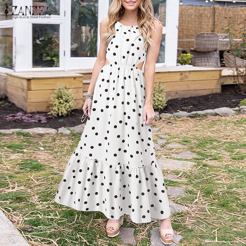 Đầm chữ A ZANZEA họa tiết chấm bi cổ tròn thời trang Châu Âu cho nữ