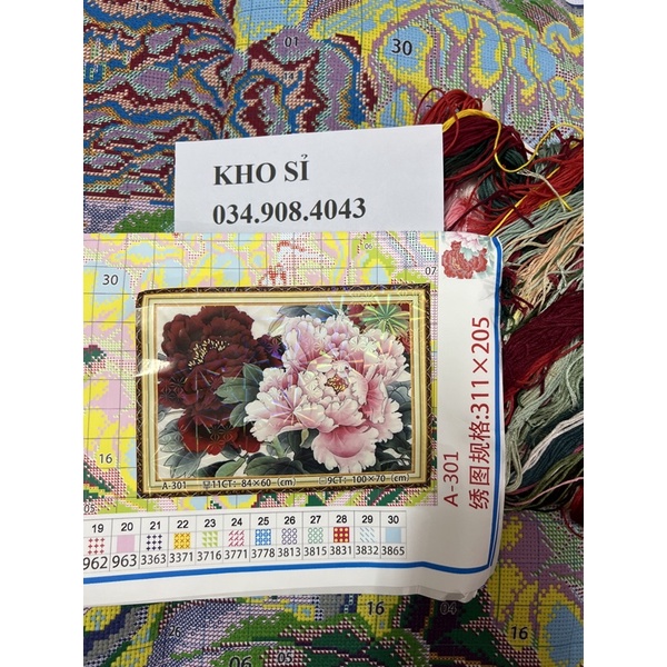 Tranh thêu chữ thập hoa mẫu đơn A301 (84x60) A301-9ct (100x70)
