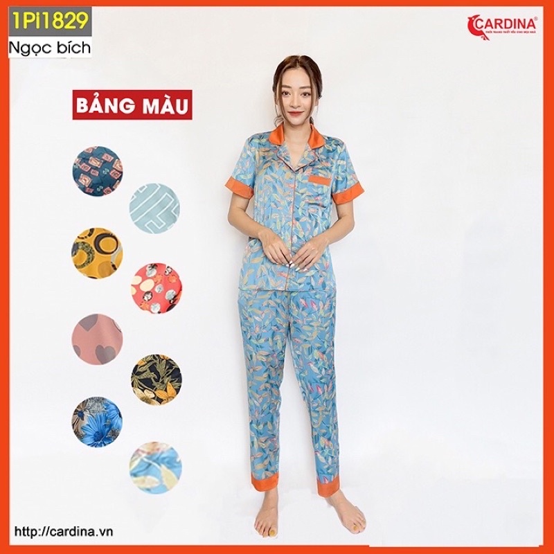 Bộ pijama nữ Cảdina quần dài áo cộc tay chất lụa satin Nhật họa tiết