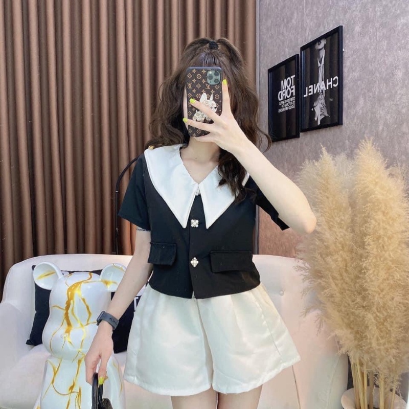 Áo cổ nhọn dáng croptop khuy ngọc tôn dáng tiểu thư sang chảnh thời trang DUMI