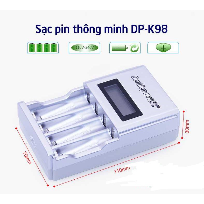 Bộ sạc pin đa năng tốc độ cao thông minh tự ngắt, màn hình LCD báo dung lượng Doublepow DP-K98