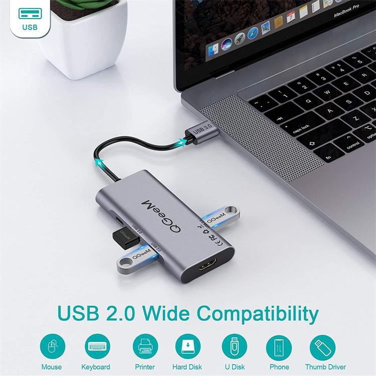 Hub chuyển đổi chia USB 3.0 QGeeM 7 trong 1 4K sang HDMI, 3 x USB-A, 1 x USB-C sạc nhanh PD 100w, 1 khe đọc thẻ SD&TF