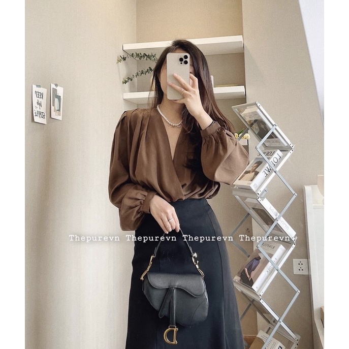 ANU766 - ÁO SƠ MI NỮ LỤA TẰM CỔ V LI VAI DÀI TAY