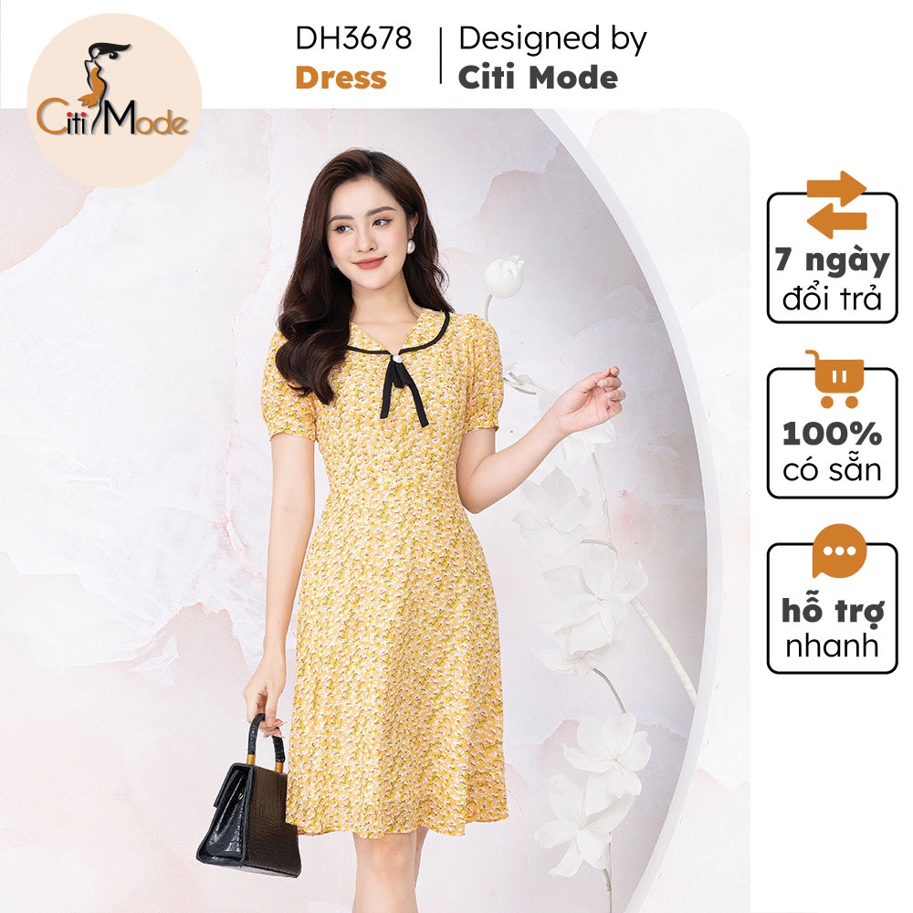 Đầm nữ thiết kế CITI MODE hoa nhí vàng dáng xòe phối nơ cổ DH3678