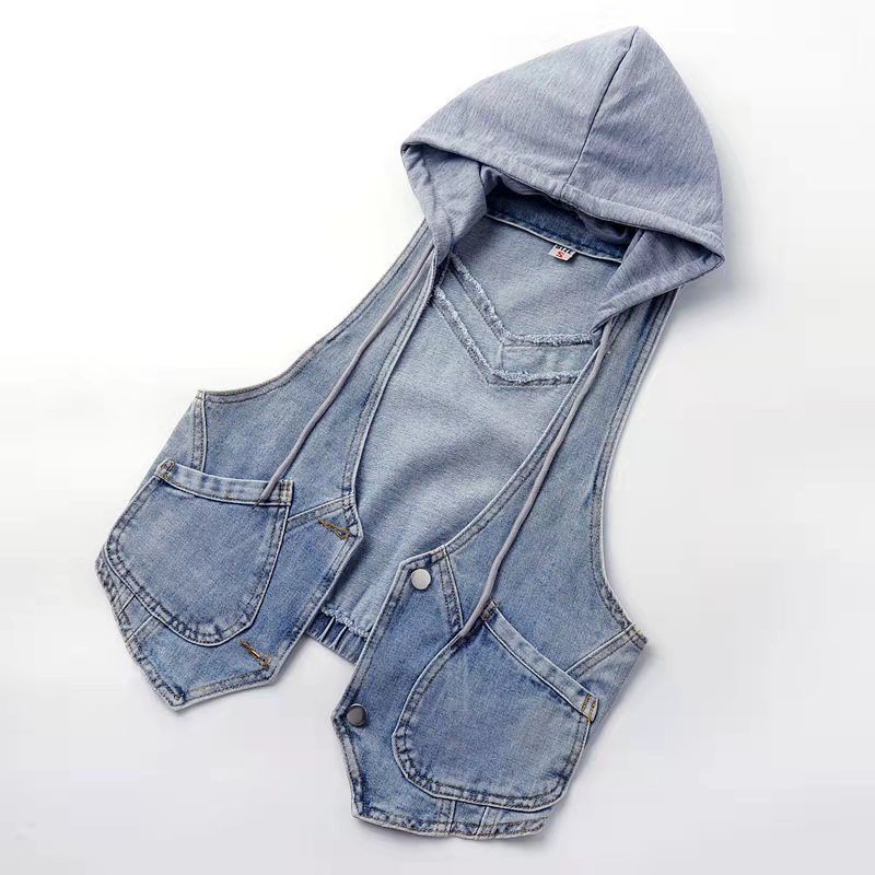 Áo Khoác Denim Không Tay Có Mũ Trùm Dáng Rộng Thời Trang Xuân Thu Dành Cho Nữ