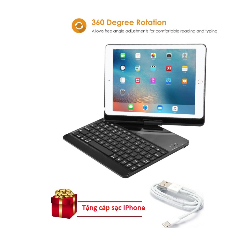 Bàn phím kiêm ốp lưng cho iPad Air 2 xoay 360 độ (Đen).Sản phẩm hot năm 2018 tặng cáp sạc iPhone