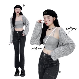 SET ÁO CARDIGAN HOẠ TIẾT BEO XÁM OH OH (LEOPARD SET)