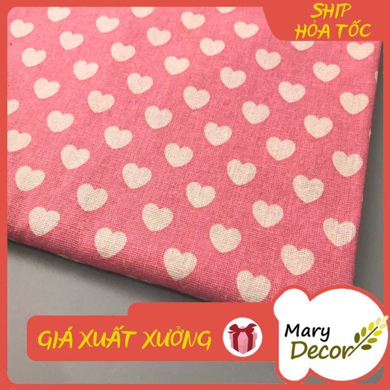 Vải linen họa tiết Trái tim trắng nền hồng nhạt V-I05