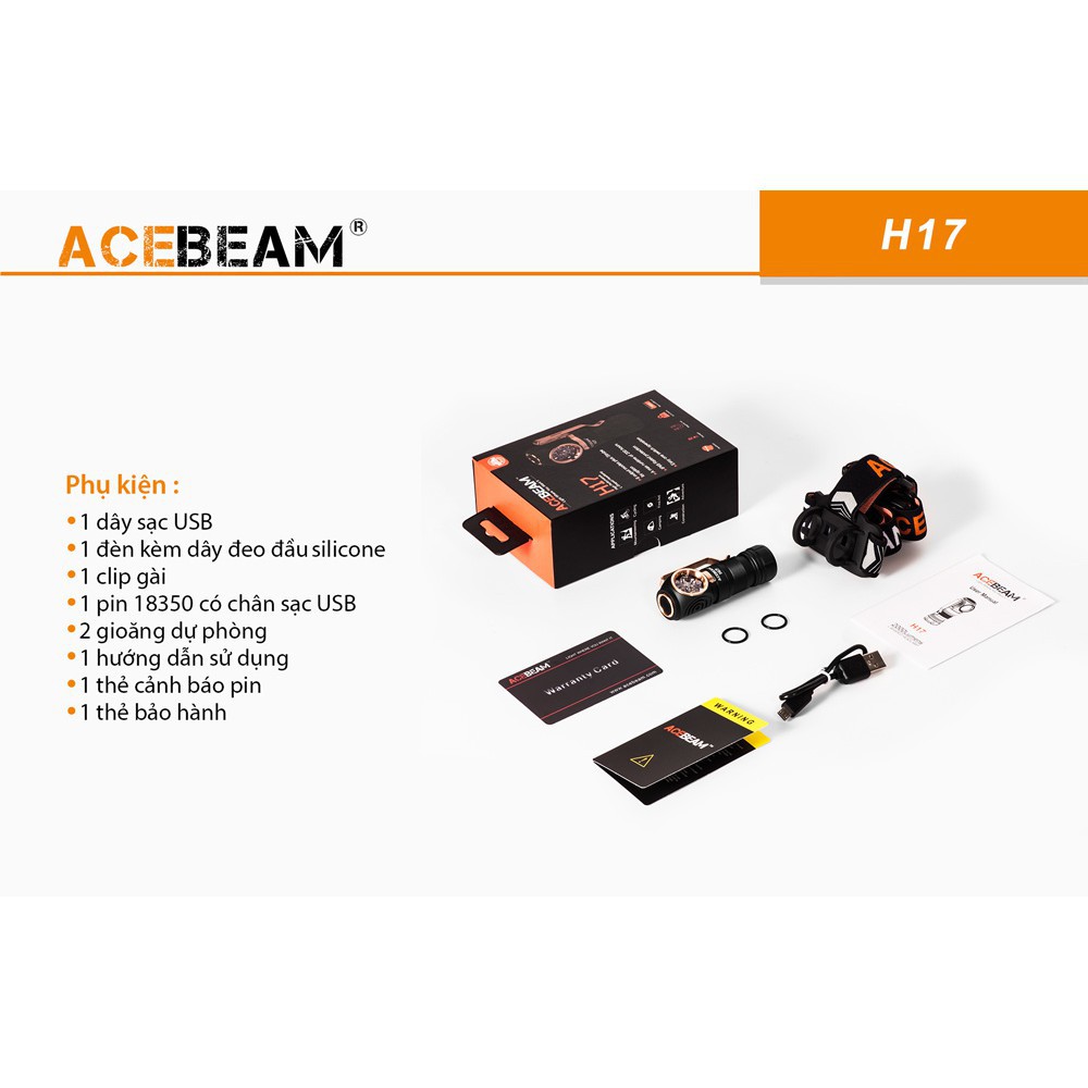 Đèn pin gù ACEBEAM H17 độ sáng 2000lm chiếu xa 134m sử dụng pin 18350 có cổng sạc trên thân pin (kèm theo) Đèn &amp; Đèn pin