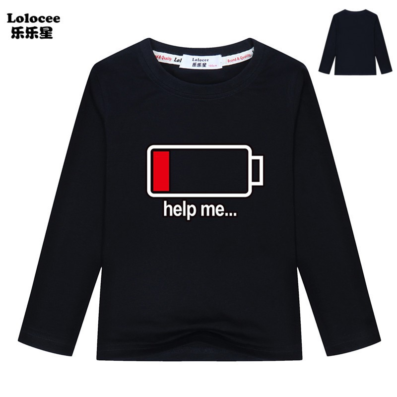 Funny HELP ME Energy Low T Shirts Boys Battery Low Long Sleeve O-neck Tops Basic Tees For Children