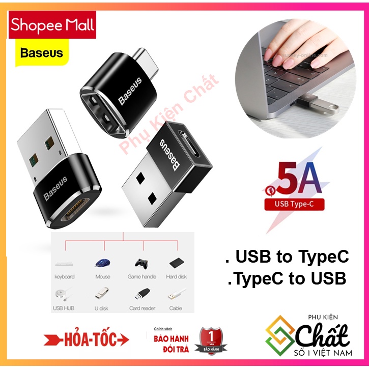 Đầu chuyển đổi OTG từ 2 Chiều USB to Type C  Baseus - Sạc nhanh 5A - Truyền dữ liệu - Nhỏ gọn -Tiện lợi -Hàng chính hãng