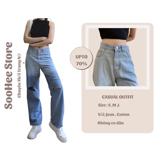 Quần jean nữ [SooHee Store] quần bò nữ dáng suông ống rộng rách gối 2 màu