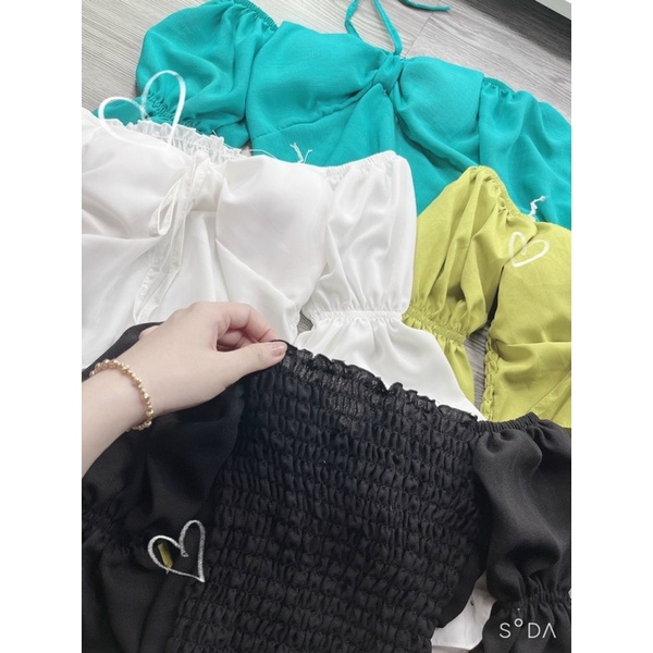 Áo Croptop Tay Dài Bồng Cúp Mút Ngực Rút Ngực Cột Dây 4 Màu Tự Chụp