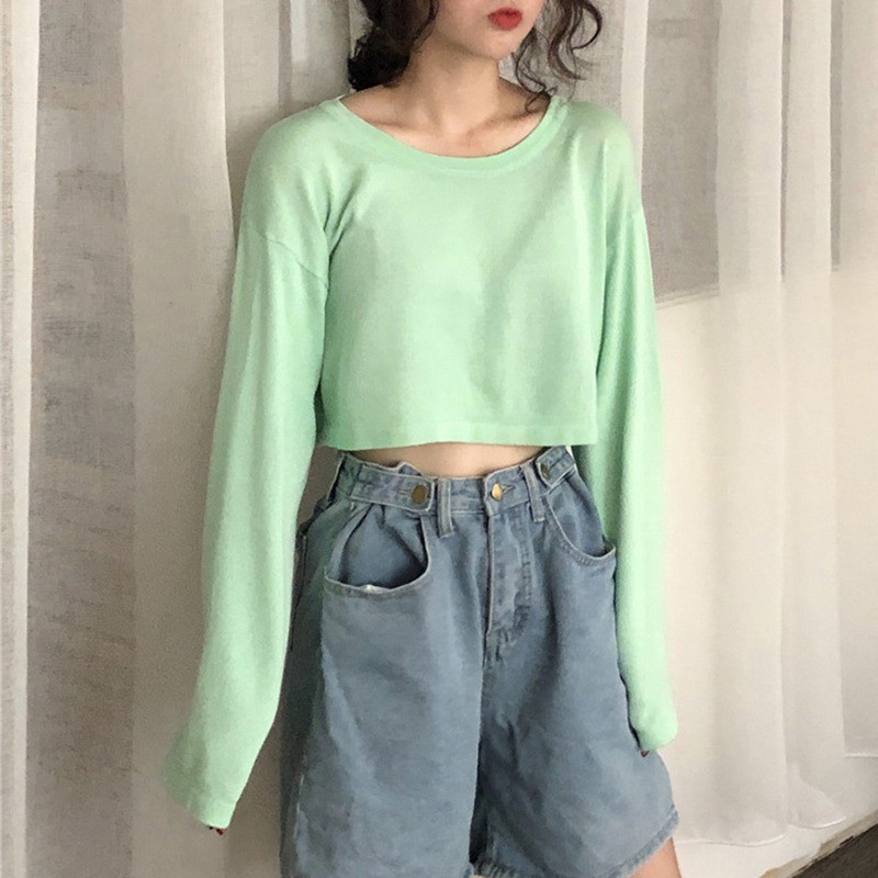 Women's Round Neck T-Shirt Long Sleeve Tops Purea Color Loose Fit Pullover Blouse | BigBuy360 - bigbuy360.vn