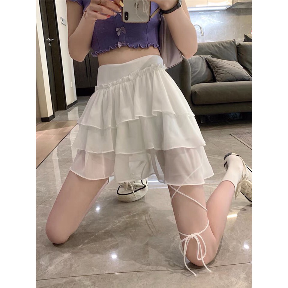Chân váy xòe 3 tầng phối dây cột cá tính màu trắng và đen | BigBuy360 - bigbuy360.vn