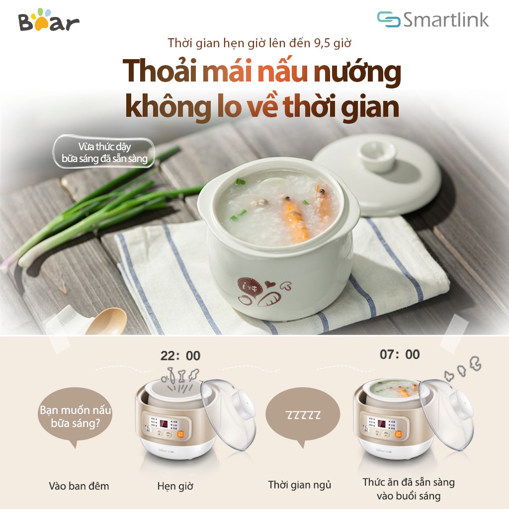 Nồi Nấu Cháo, Ninh, Chưng Cách Thủy Bear 4 trong 1 800ml DDZ-A08G2 -Hàng Chính Hãng