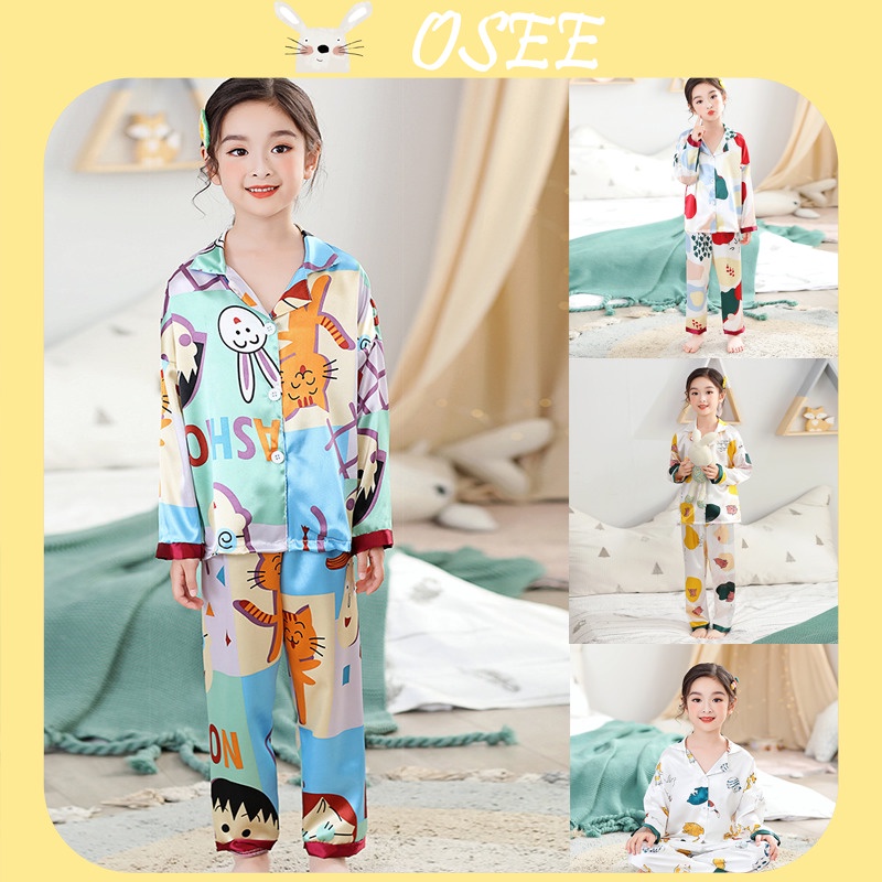 Bộ Đồ Ngủ Tay Dài Vải Lụa Lạnh Mỏng In Hoạt Hình Thời Trang Xuân Hè Cho Bé Gái