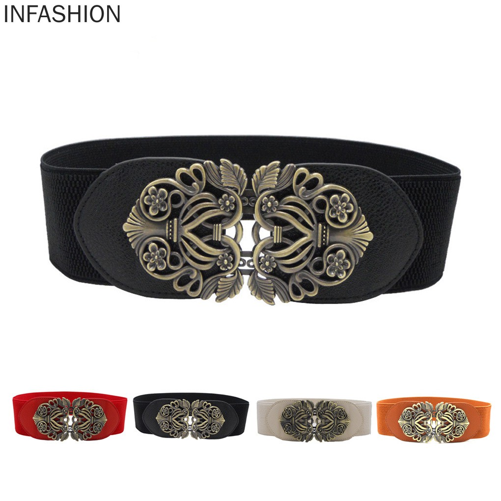 Thắt lưng da bản to khóa kim loại hình hoa cách điệu phong cách vintage thời trang cho nữ