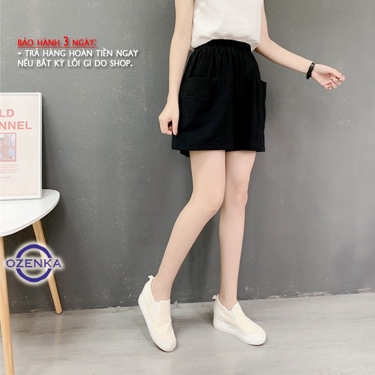 Quần short đùi nữ ống rộng mặc ở nhà OZENKA , quần cộc túi thật cạp chun chất đũi mềm mịn nhẹ mát giá rẻ màu đen trắng