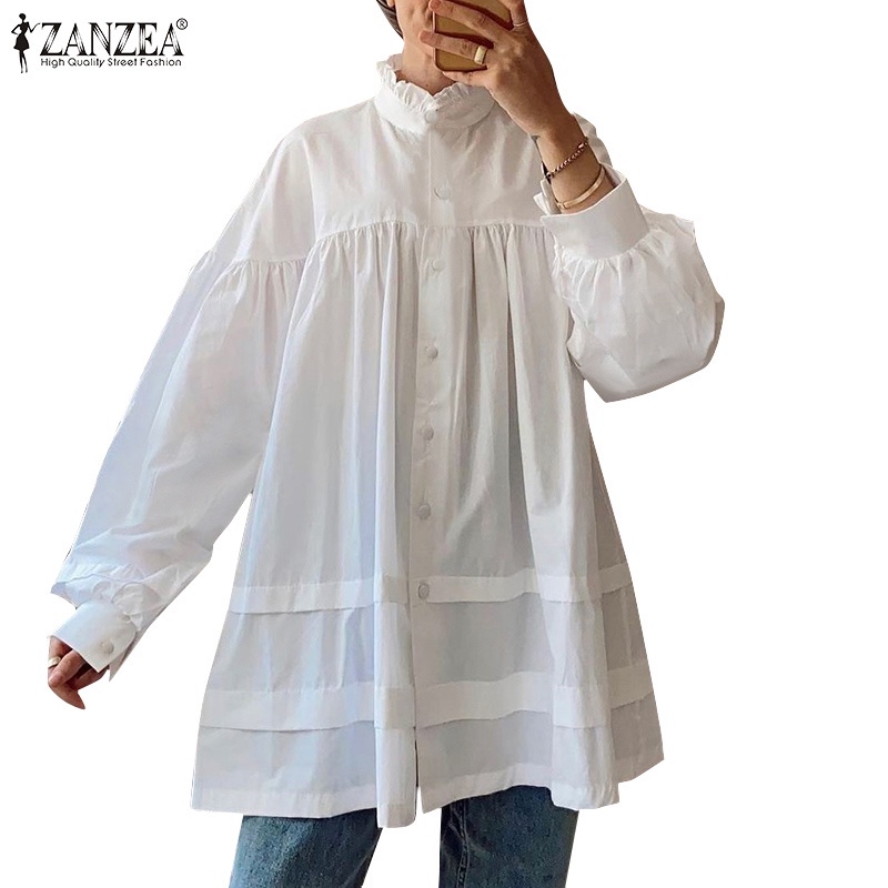 Áo sơ mi kiểu ZANZEA tay dài phồng cổ đứng dáng rộng màu đơn sắc thời trang thanh lịch cho nữ