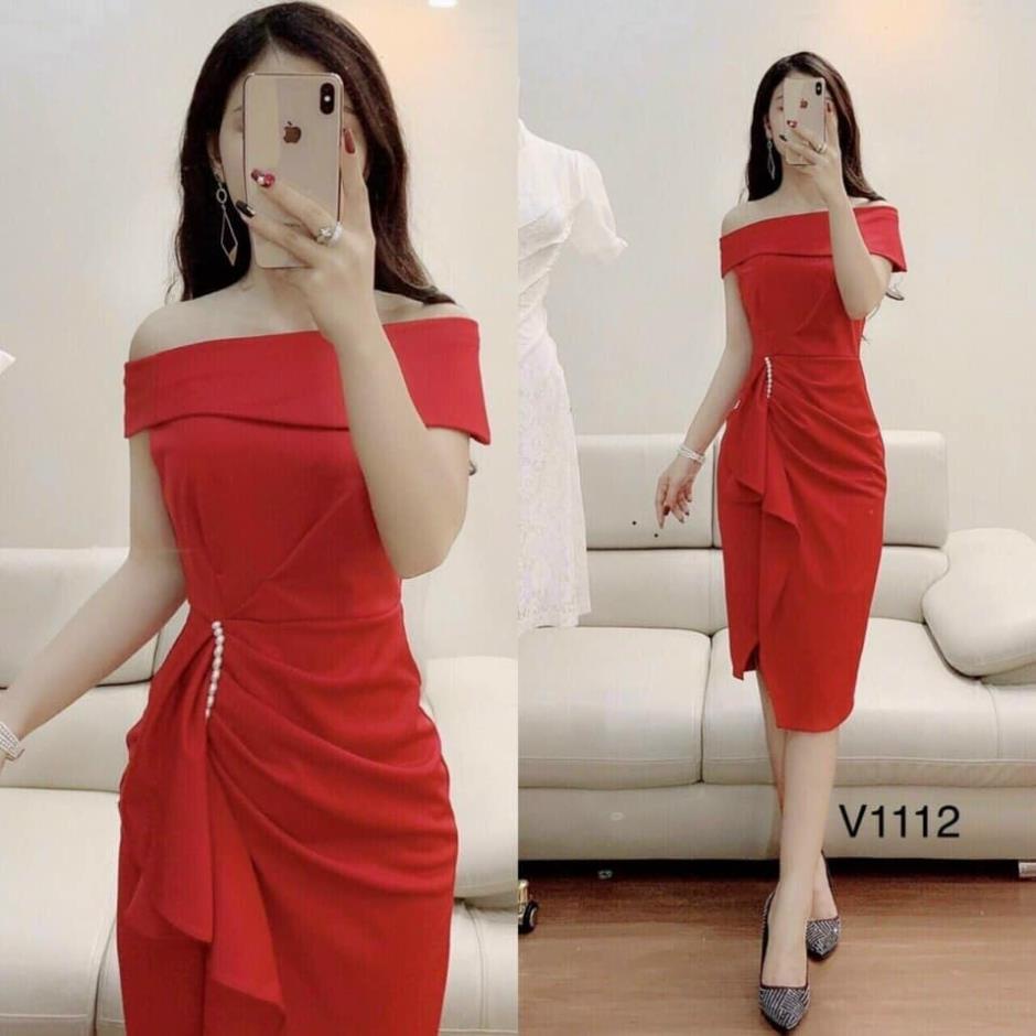 TSL-Đầm Bẹt Vai Đính Cườm ôm body xẻ tà dự tiệc sang chảnh (Kèm Hình Thật Trải Sàn) đỏ, đen, vàng thời trang TASA